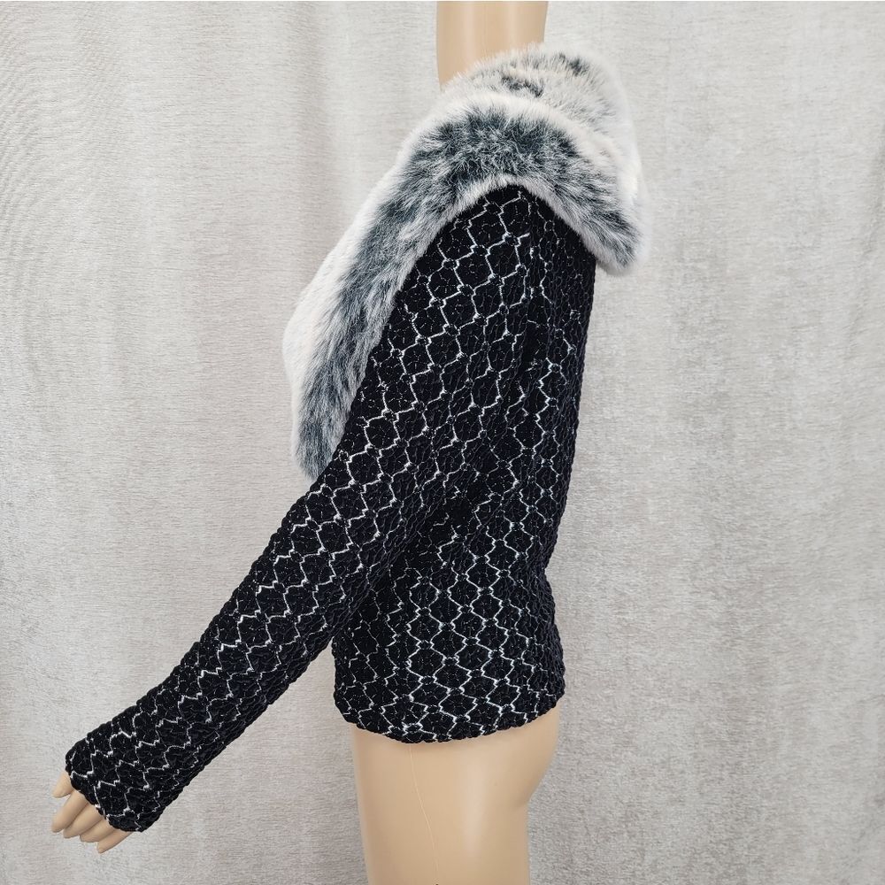 Cache Vintage Black Velvet and Gray Faux Fur Women's Carigan Sweater - Picture 6 of 13